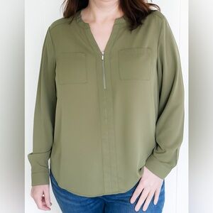 Hayden LA Women's Olive Army Green Blouse with Quarter Zip Silver Size Large NWT
